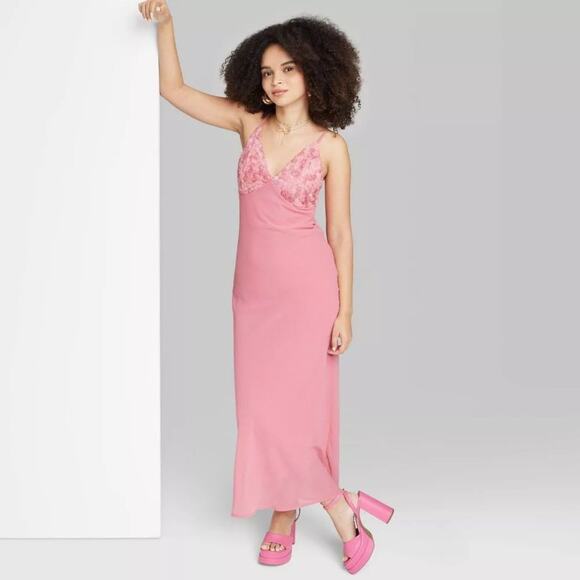 Wild Fable Women's Pink Rosette Cup V-Neck Mesh Maxi Slip Dress Size XL - Picture 1 of 7
